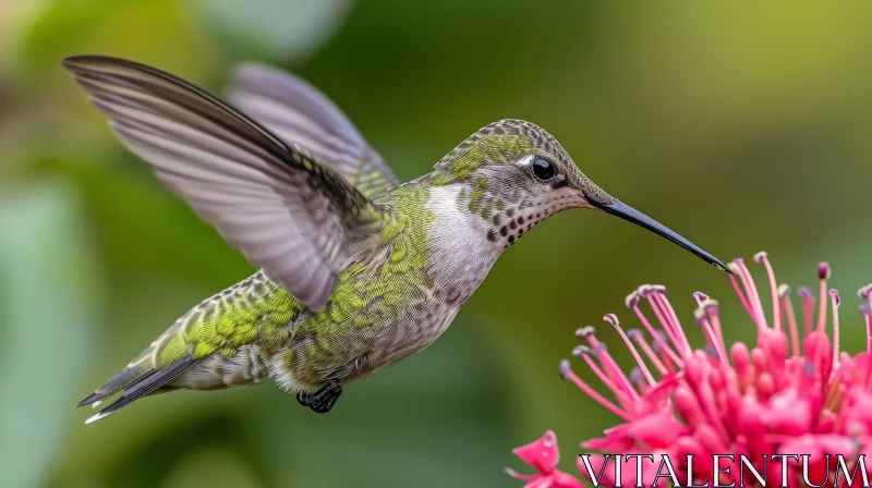 Hummingbird in Mid-Flight Near Pink Flower AI Image