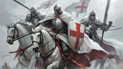 Impressive Image of Armored Knights Charging on White Horses