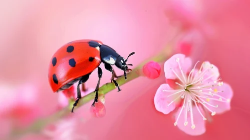 Red Ladybug on Branch with Pink Flowers - Close-up Nature Image