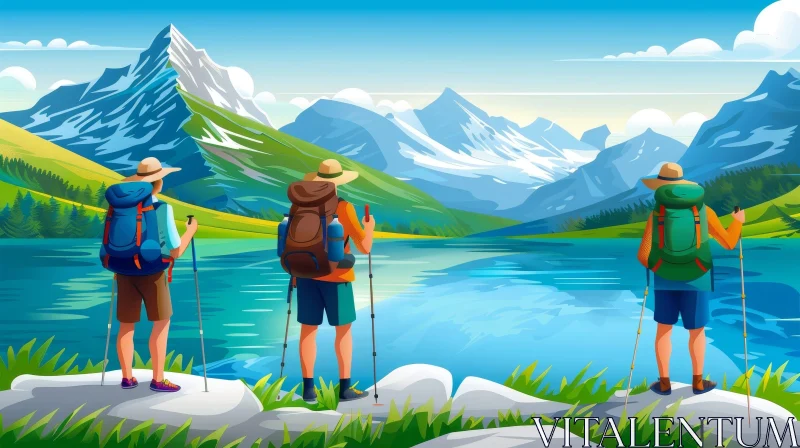 Scenic Lake View with Hikers and Snowy Mountains AI Image