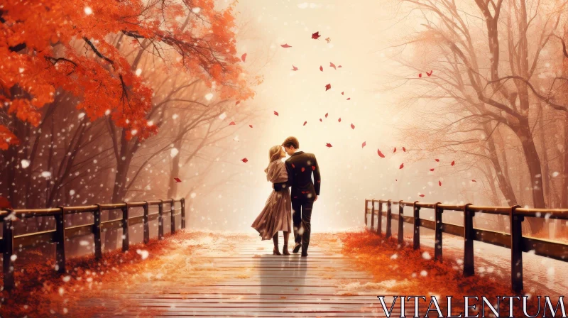 Tranquil Autumn Forest Painting with Couple Walking on Bridge AI Image