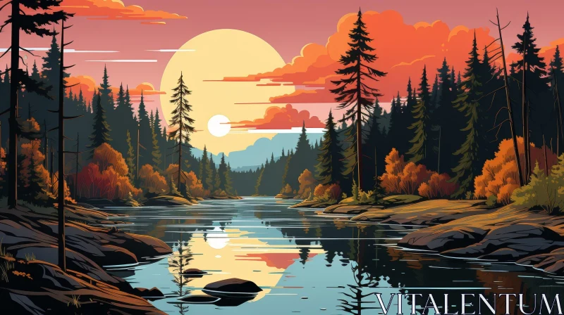 AI ART Tranquil Forest and River Landscape with Moon