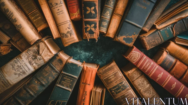 Vintage Books Flat Lay Composition on Green Surface AI Image