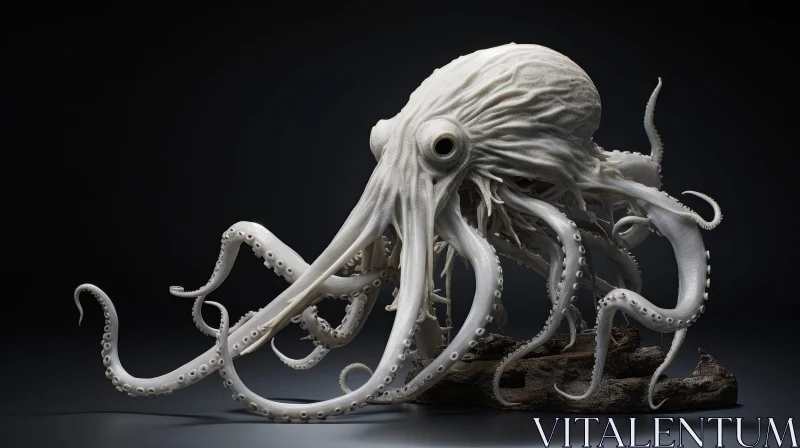 AI ART White Octopus 3D Rendering on Driftwood