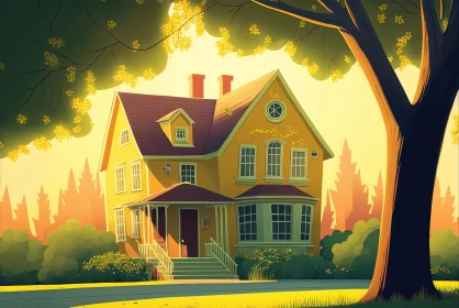 Yellow House in Forest: Serene Neo-Victorian Artwork