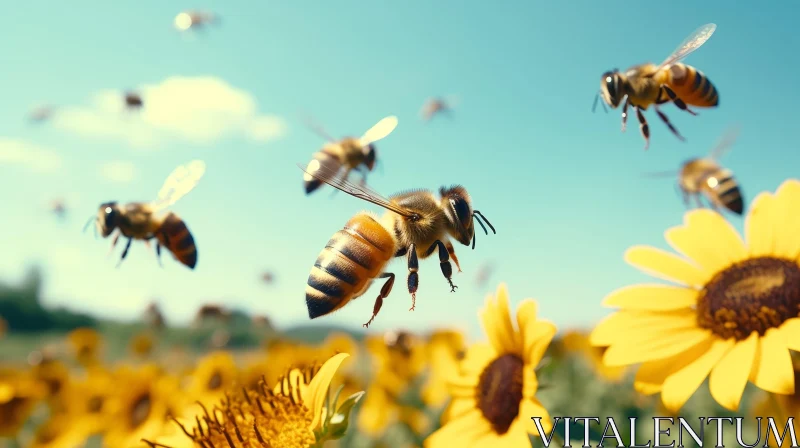 AI ART Bee in Flight Among Sunflowers