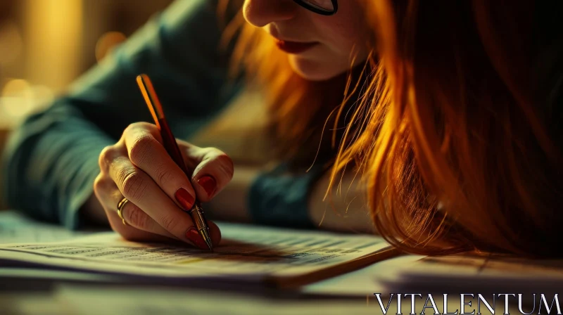 Captivating Portrait of a Woman Writing at Desk AI Image