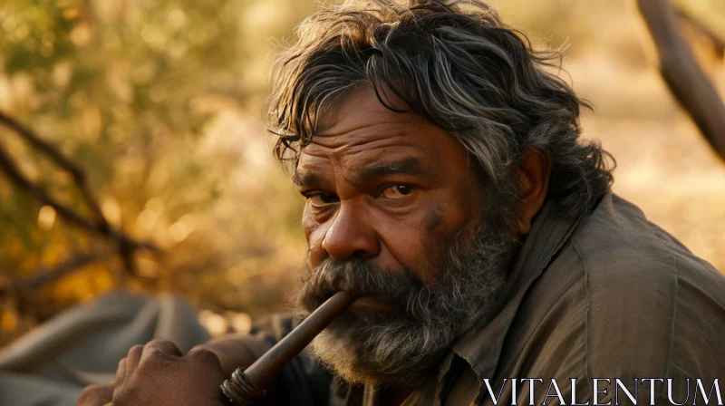 Captivating Portrait of an Old Aboriginal Man Smoking a Pipe AI Image