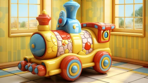 Colorful 3D Toy Train on Tiled Floor