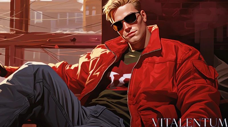 Confident Man in Red Jacket and Sunglasses AI Image