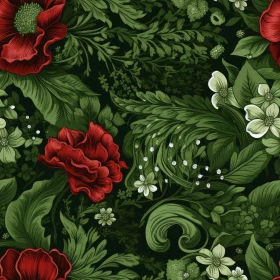 Dark Green Floral Pattern with Red Poppies