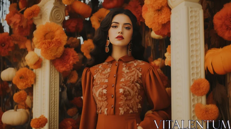 AI ART Elegant Woman in Brown Dress Among Orange Flowers