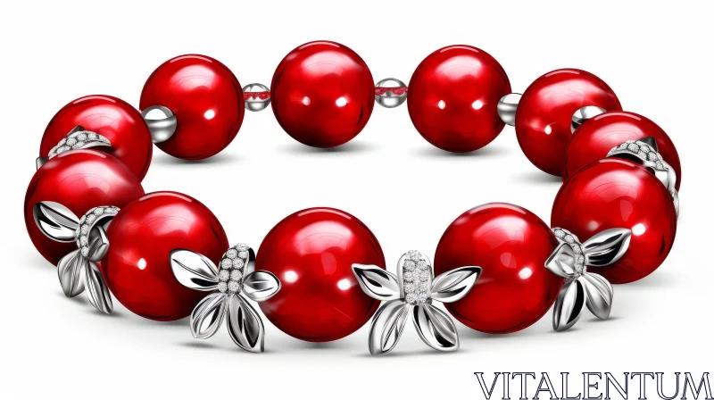 Exquisite Red Pearl Bracelet with Silver Flower Details AI Image