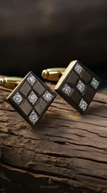 Exquisite Wooden Cufflinks with Diamonds and Gold Finish