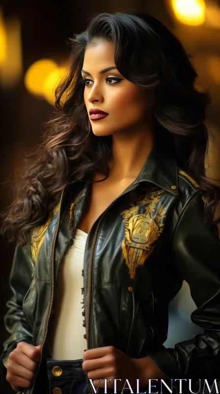 Fashion Portrait of Young Woman in Black Leather Jacket AI Image