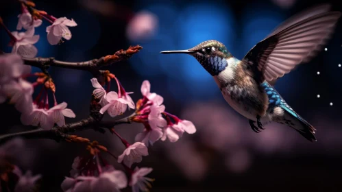 Graceful Hummingbird Flying to Cherry Blossoms