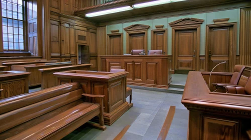 Majestic Courtroom with Judge's Bench, Jury Box, and Witness Stand