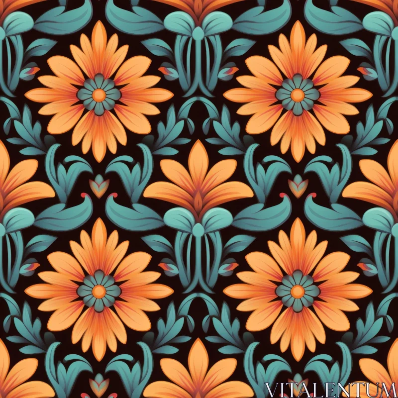 Orange Flowers and Blue Leaves Seamless Pattern AI Image