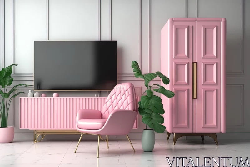 Pink Living Room with Chair and TV | Realistic and Hyper-Detailed Renderings AI Image