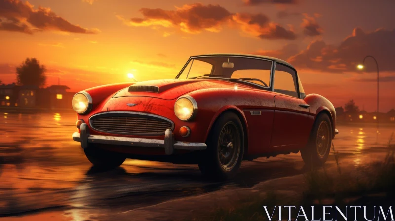 AI ART Red Vintage Car at Sunset - Classic Nostalgia on Asphalt Road