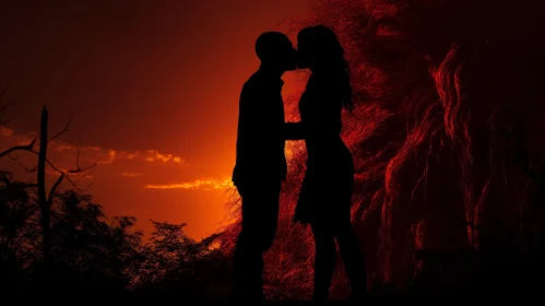 Romantic Sunset Silhouette of Man and Woman Kissing