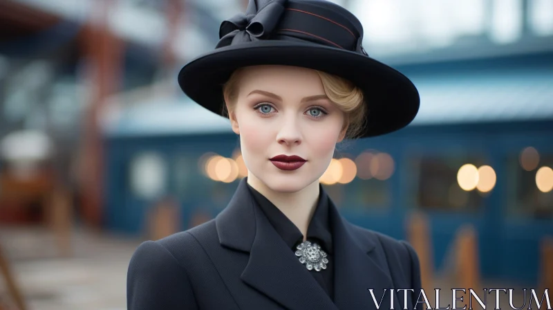 Serious Blonde Woman in Black Hat Portrait AI Image