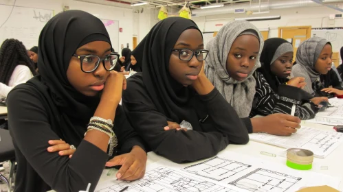 Serious Teenage Girls in Hijabs: A Captivating Classroom Moment