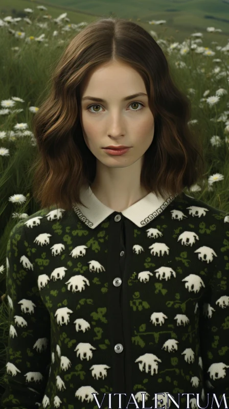Serious Young Woman in Green Sweater Standing in Field AI Image