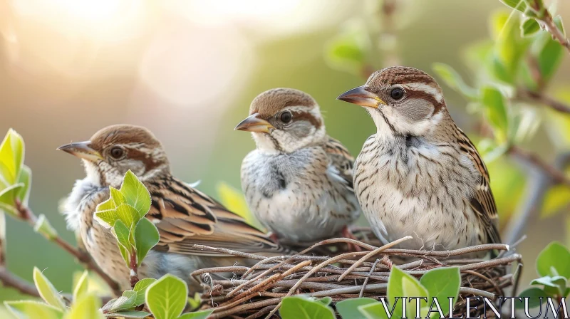 Tranquil Nature Scene with Sparrows in Nest AI Image
