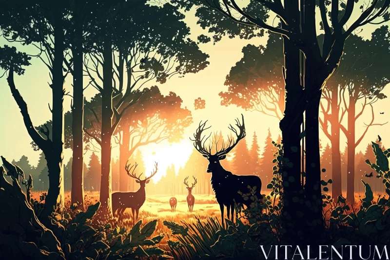Woodland Deer at Sunset in the Forest - Neo-Pop Illustrations AI Image