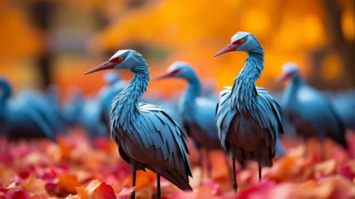 Blue Cranes in Autumn Field