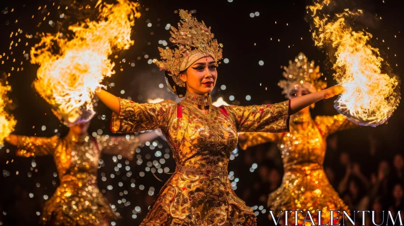 Captivating Fire Dancer in Golden Costume | Mesmerizing Performance AI Image