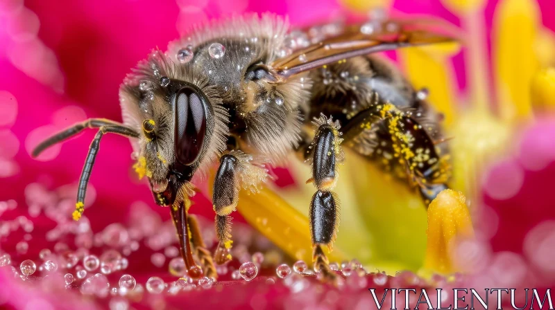 Close-up Bee Pollinating Pink Flower AI Image