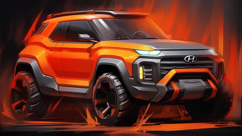Dynamic Sketching of an Orange SUV with Contrasting Lights and Darks