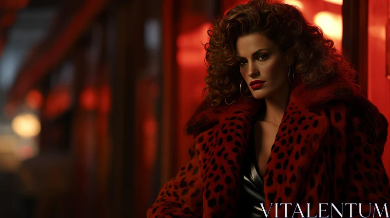 Fashion Portrait: Woman in Red Leopard Print Fur Coat AI Image