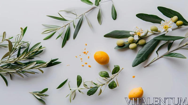 Fresh Lemons and Olive Branches Flat Lay Composition AI Image