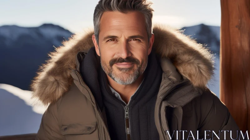 Middle-Aged Man in Winter Jacket Smiling at Snowy Mountain AI Image
