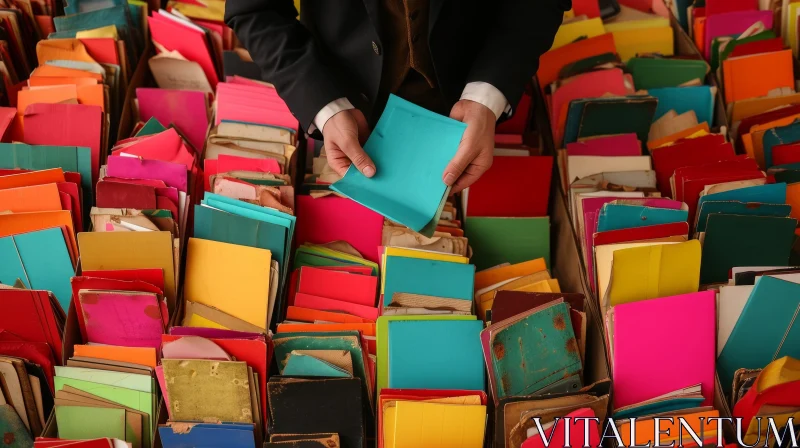 Person Holding Blue Book in Front of Colorful Stack of Books AI Image