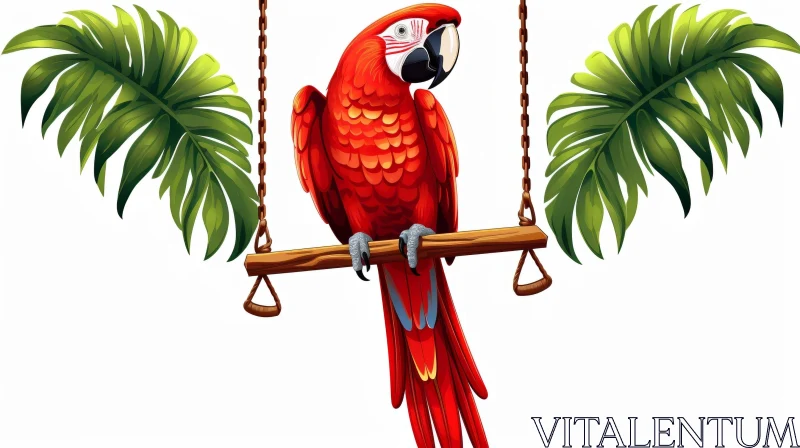 AI ART Red Parrot on Wooden Swing - Beautiful Bird Photography