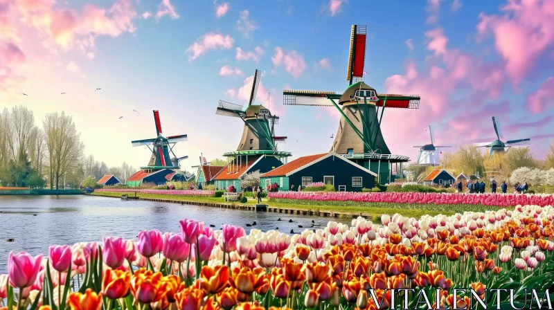 Scenic Landscape of the Netherlands: Tulip Fields and Windmill AI Image