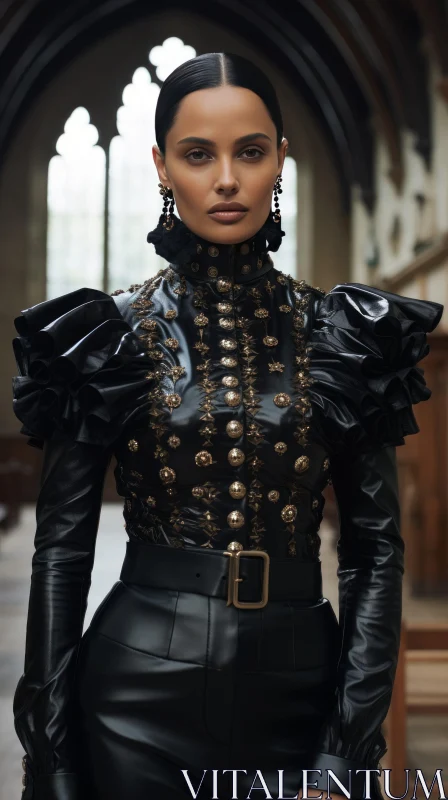Serious Woman in Black Leather Outfit at Church AI Image
