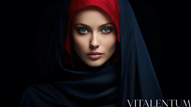 Serious Woman with Blue Eyes in Red Hijab AI Image