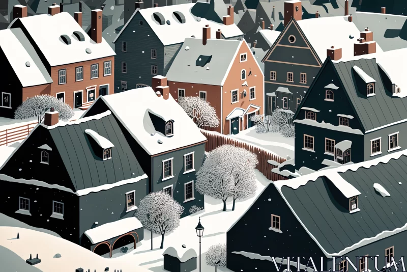 Snow-Covered Town Illustration with Meticulous Details and Hidden Elements AI Image