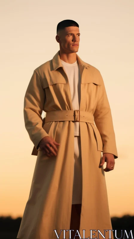 Stylish Man in Trench Coat at Sunset Field AI Image
