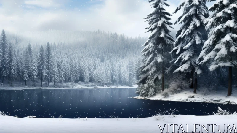 AI ART Tranquil Winter Landscape with Snow-Covered Trees and Cabin