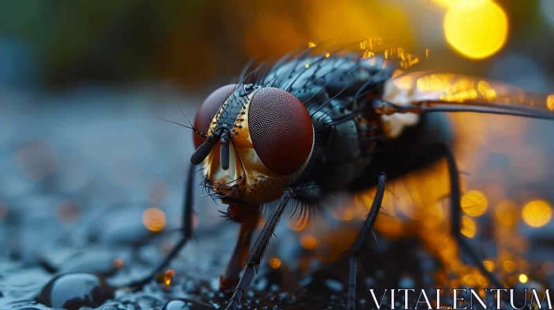 Close-up Macro Photography of a Black Fly on Wet Surface AI Image