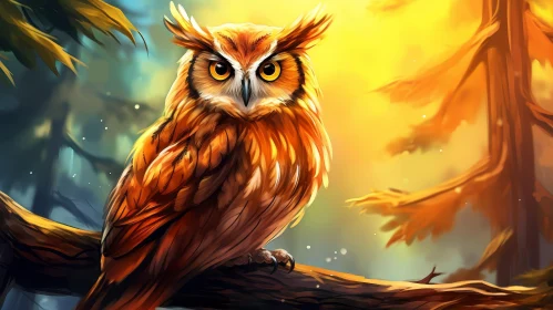 Colorful Owl Digital Painting on Branch