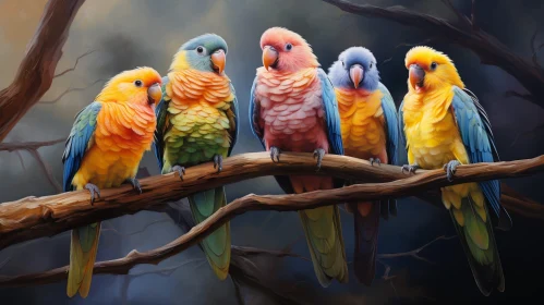 Colorful Parrots Perched on Branch - Detailed Nature Image