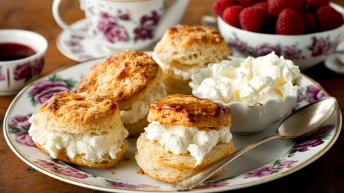 Delicious Scones with Clotted Cream and Raspberries on a White Plate
