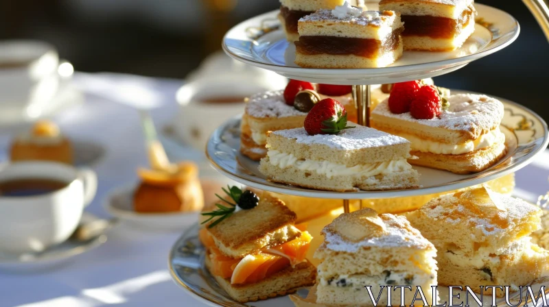 Delicious Three-Tiered Afternoon Tea Set with Cake and Sandwiches AI Image